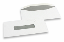 Koperty z okienkiem, białe, 109 x 224 mm, okienko pośrodku 25 x 110 mm, położenie okienka 53 mm z lewo i 40 mm od dołu, klejone na mokro, gram. 80, masa około 3 g. | PIT Packaging.pl | Krainakopert