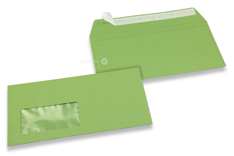 Koperta kolorowa jasnozielona z okienkiem, 110 x 220 mm (DL), okienko z lewej strony, wielkość okienka 45 x 90 mm, położenie okienka 20 mm od lewej krawędzi / 15 mm od dolnej krawędzi, klej samoprzylepny z odrywanym paskiem, papier kol
