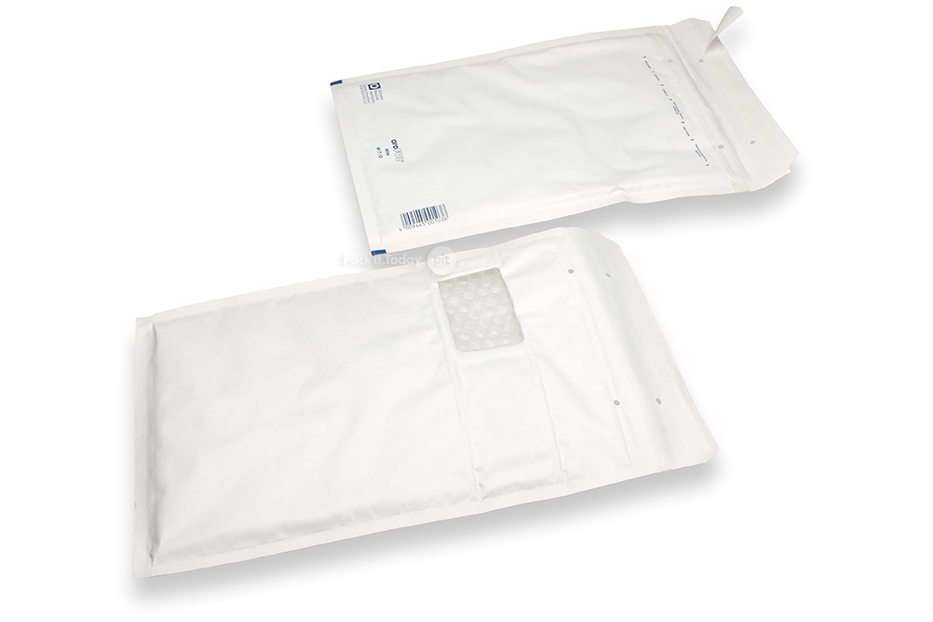 Białe koperty bąbelkowe z okienkiem - 225 x 340 mm, okienko z lewej strony 55 x 90 mm, położenie okienka 15 mm z lewo i 70 mm od góry