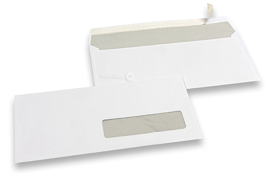 Koperty z okienkiem, białe, 110 x 220 mm (EA5/6), okienko z prawej strony 30 x 100 mm, położenie okienka 15 mm z prawo i 20 mm od dołu, gram 80, zamknięcie na pasek