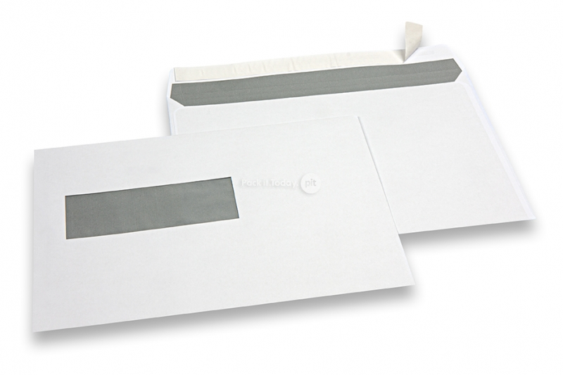 Koperty z okienkiem, białe, 162 x 229 mm (C5), okienko z lewej strony 40 x 110 mm, położenie okienka 20 mm z lewo i 72 mm od dołu, gram. 90, samoklejące z paskiem, masa około 7 g.