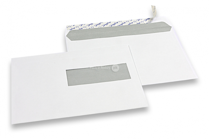 Koperty z okienkiem, białe, 156 x 220 mm (EA5), okienko z prawej strony 40 x 110 mm, położenie okienka 15 mm z prawo i 66 mm od dołu, gram. 90, samoklejące z paskiem, masa około 5 g.