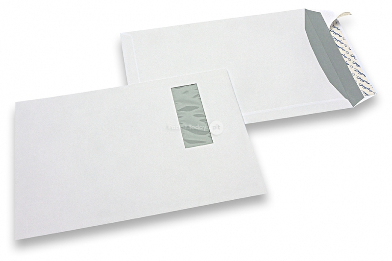 Koperty z okienkiem, białe, 220 x 312 mm (EA4), okienko z lewej strony 40 x 110 mm, położenie okienka 20 mm z lewo i 50 mm od góry, gram. 120, samoklejące z paskiem, masa około 18 g.