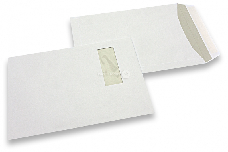 Koperty z okienkiem, białe, 220 x 312 mm (EA4), okienko z lewej strony 40 x 110 mm, położenie okienka 20 mm z lewo i 50 mm od góry, gram. 120, klejone na mokro, masa około 18 g.