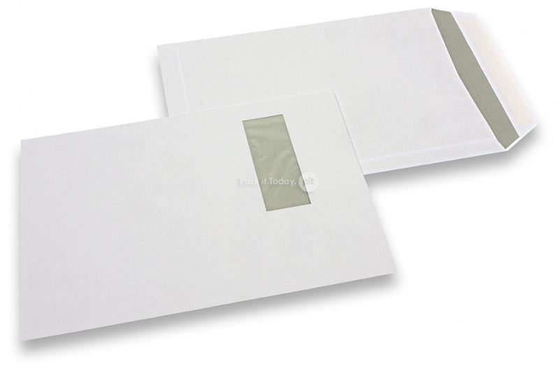 Koperty z okienkiem, białe, 229 x 324 mm (C4), okienko z lewej strony 40 x 110 mm, położenie okienka 20 mm z lewo i 60 mm od góry, 120 g, samoklejące z paskiem, masa około 20 g.
