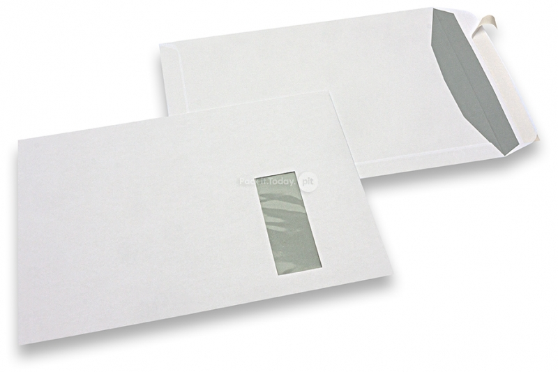 Koperty z okienkiem, białe, 229 x 324 mm (C4), okienko z prawej strony 40 x 110 mm, położenie okienka 20 mm z prawo i 60 mm od góry, gram. 120, samoklejące z paskiem, masa około 20 g.