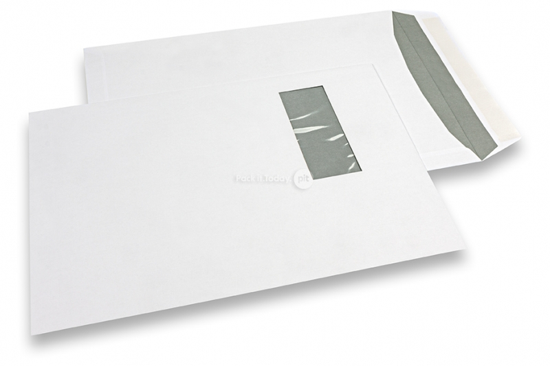 Koperty z okienkiem, białe, 240 x 340 mm (EC4), okienko z lewej strony 45 x 110 mm, położenie okienka 25 mm z lewo i 70 mm od góry, gram. 120, samoklejące z paskiem, masa około 21 g.