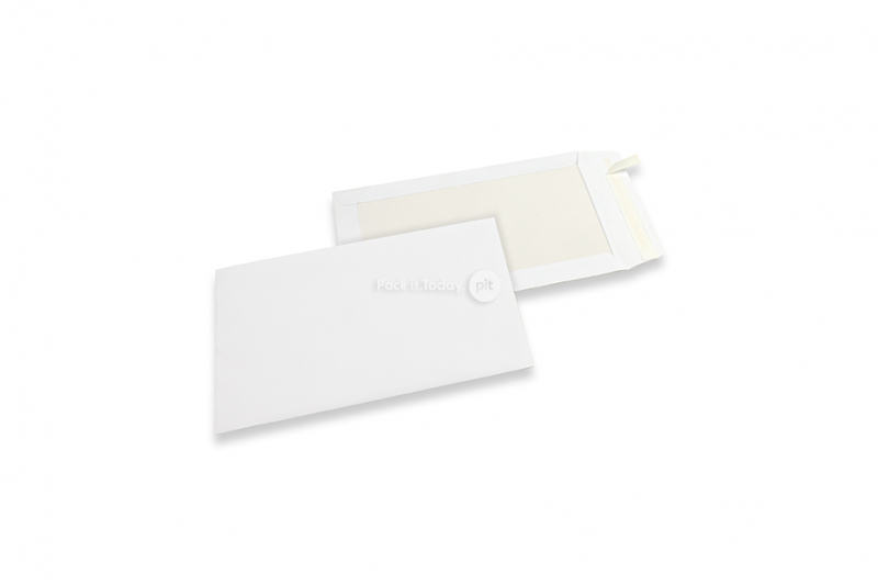 Koperty wzmocnione kartonem - 185 x 280 mm, awers biały kraft 120 gr, tył 450 gr biały dupleks, pasek