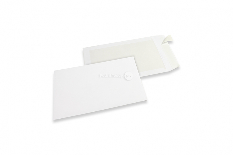 Koperty wzmocnione kartonem - 220 x 312 mm, awers biały kraft 120 gr, tył 450 gr biały dupleks, pasek