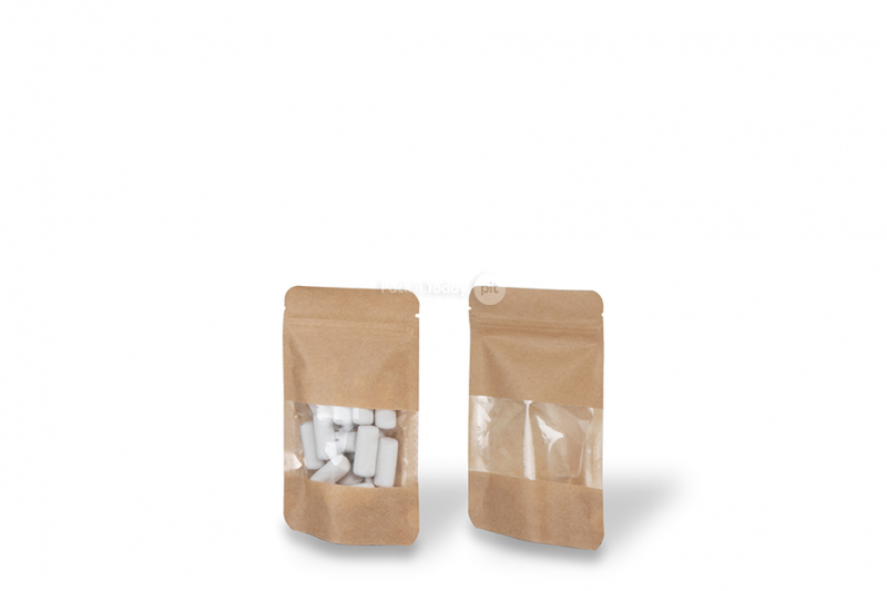 Stojące woreczki kraft z okienkiem - brązowy, 85 x 145 x 50 mm, 100 ml