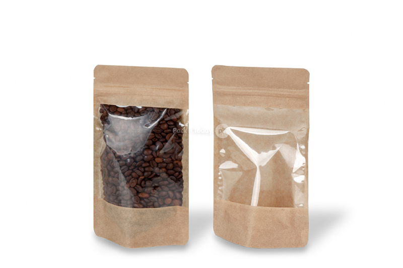Stojące woreczki kraft z dużym okienkiem - 130 x 225 x 70 mm, 500 ml