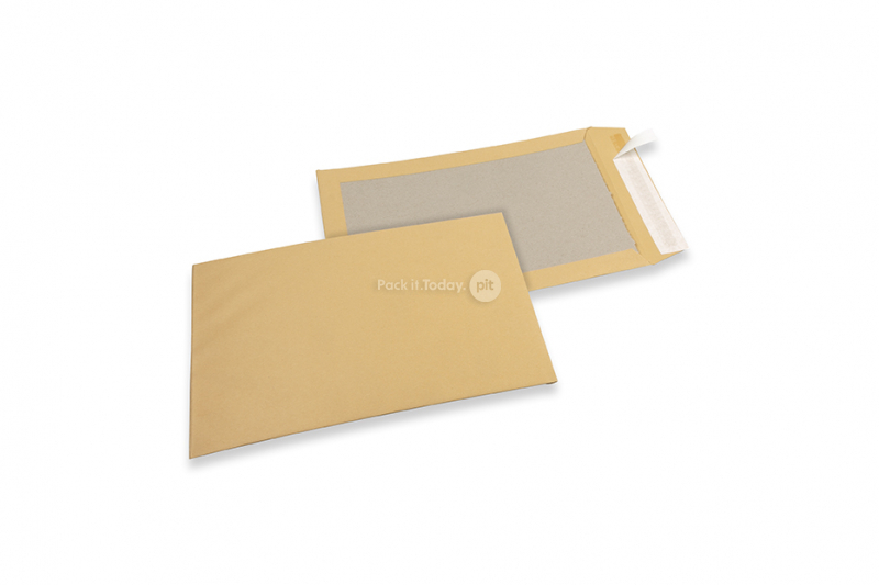 Koperty wzmocnione kartonem - 229 x 324 mm, awers brązowy kraft 120 gr, tył 450 gr brązowy dupleks, pasek