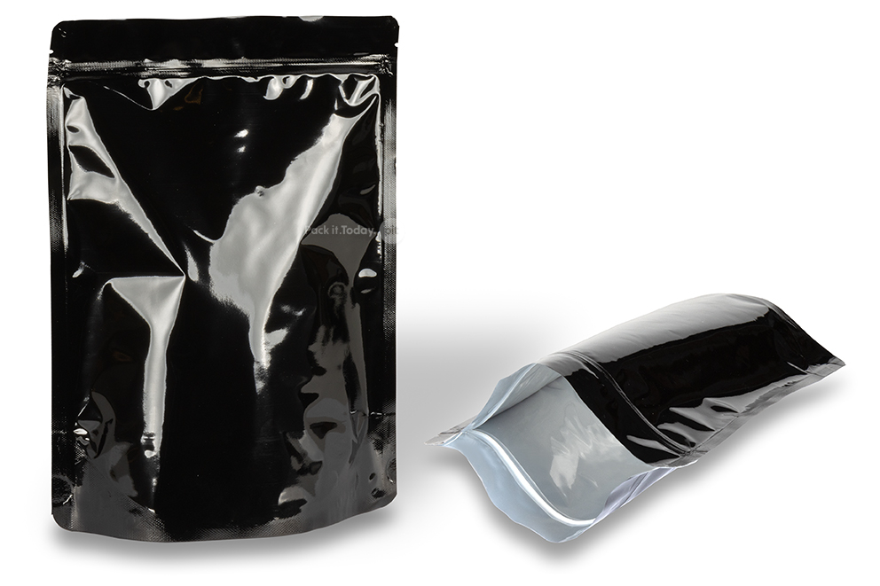 Błyszczący czarny woreczki stojące - 200 x 300 x 100 mm, 1800 ml
