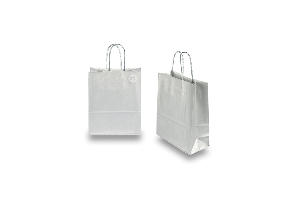 Papierowe torby ze skręcanym uchwytem - srebrny, 180 x 80 x 220 mm, 90 g