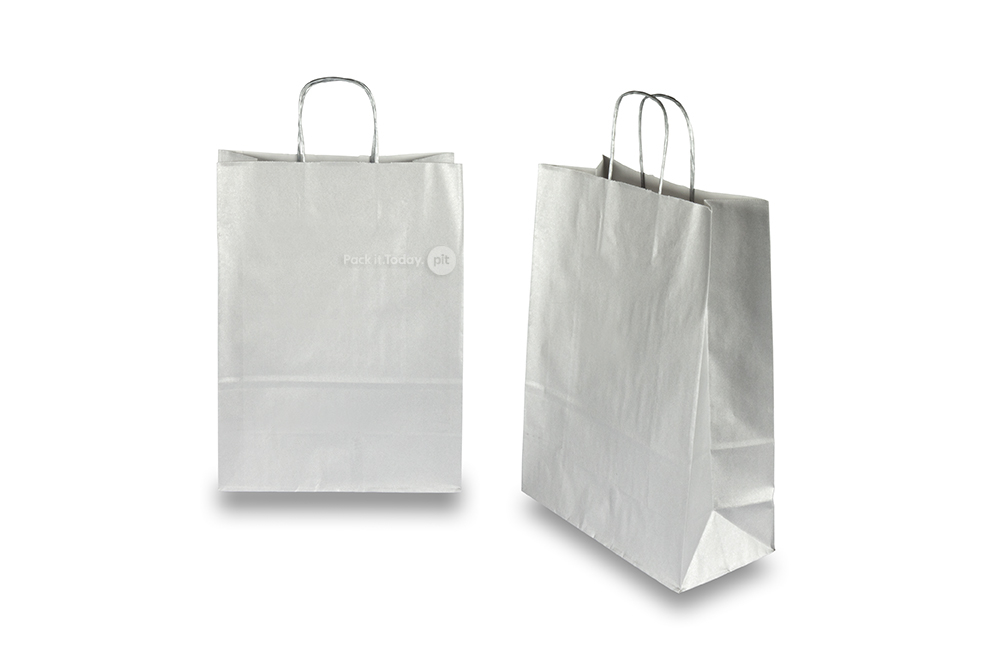 Papierowe torby ze skręcanym uchwytem - srebrny, 260 x 120 x 350 mm, 90 g