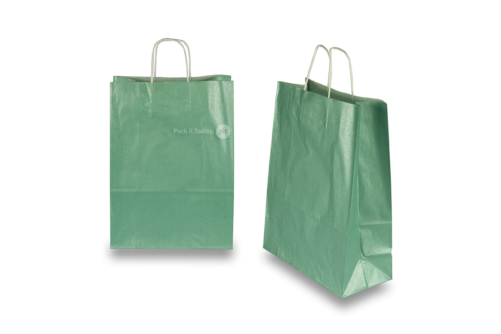 Papierowe torby ze skręcanym uchwytem - zielony metalizowany, 260 x 120 x 350 mm, 90 g