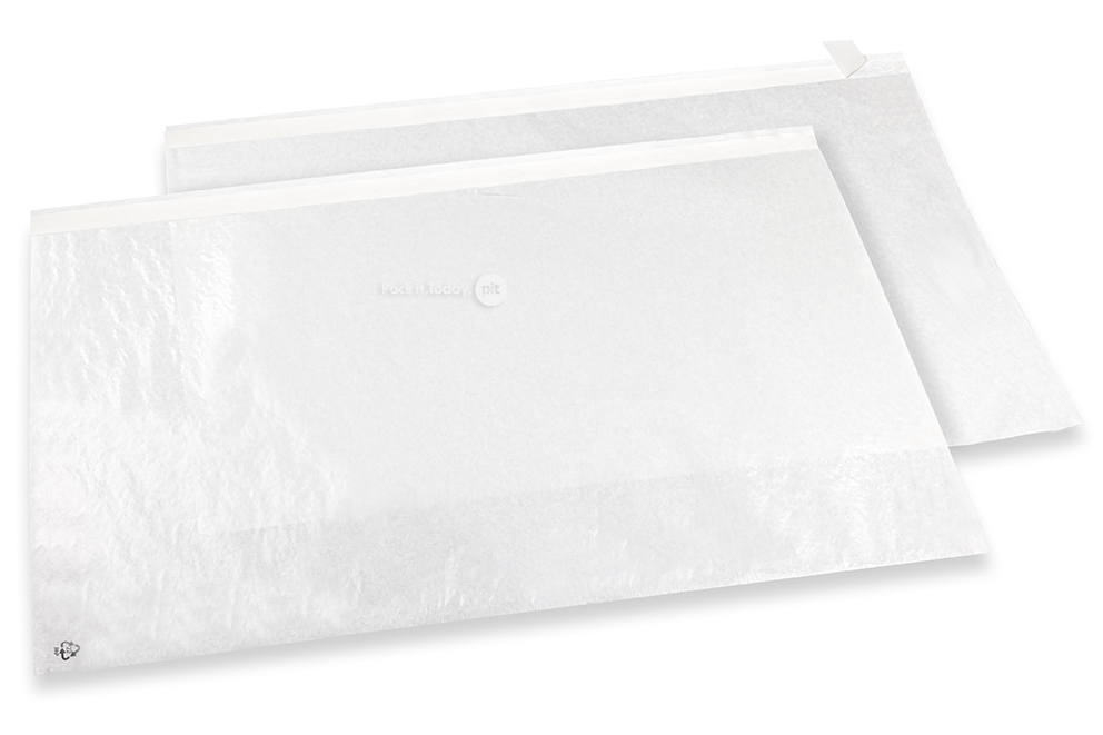 Białe pergaminowe torebki z paskiem klejącym - 550 x 500 mm, z otwarcie po długiej stronie